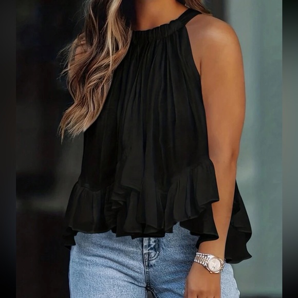 Boho Ruffle Halter Top Blouse Shirt Black - Picture 1 of 9
